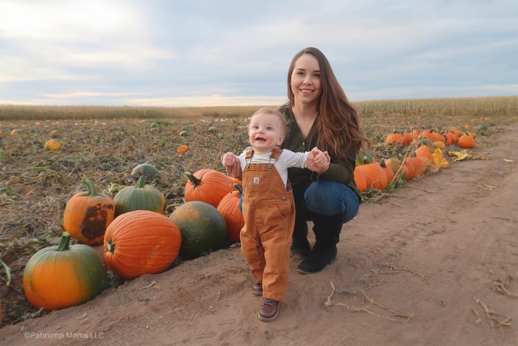 mom and son at pumpkin patch for DIY Fall family photo